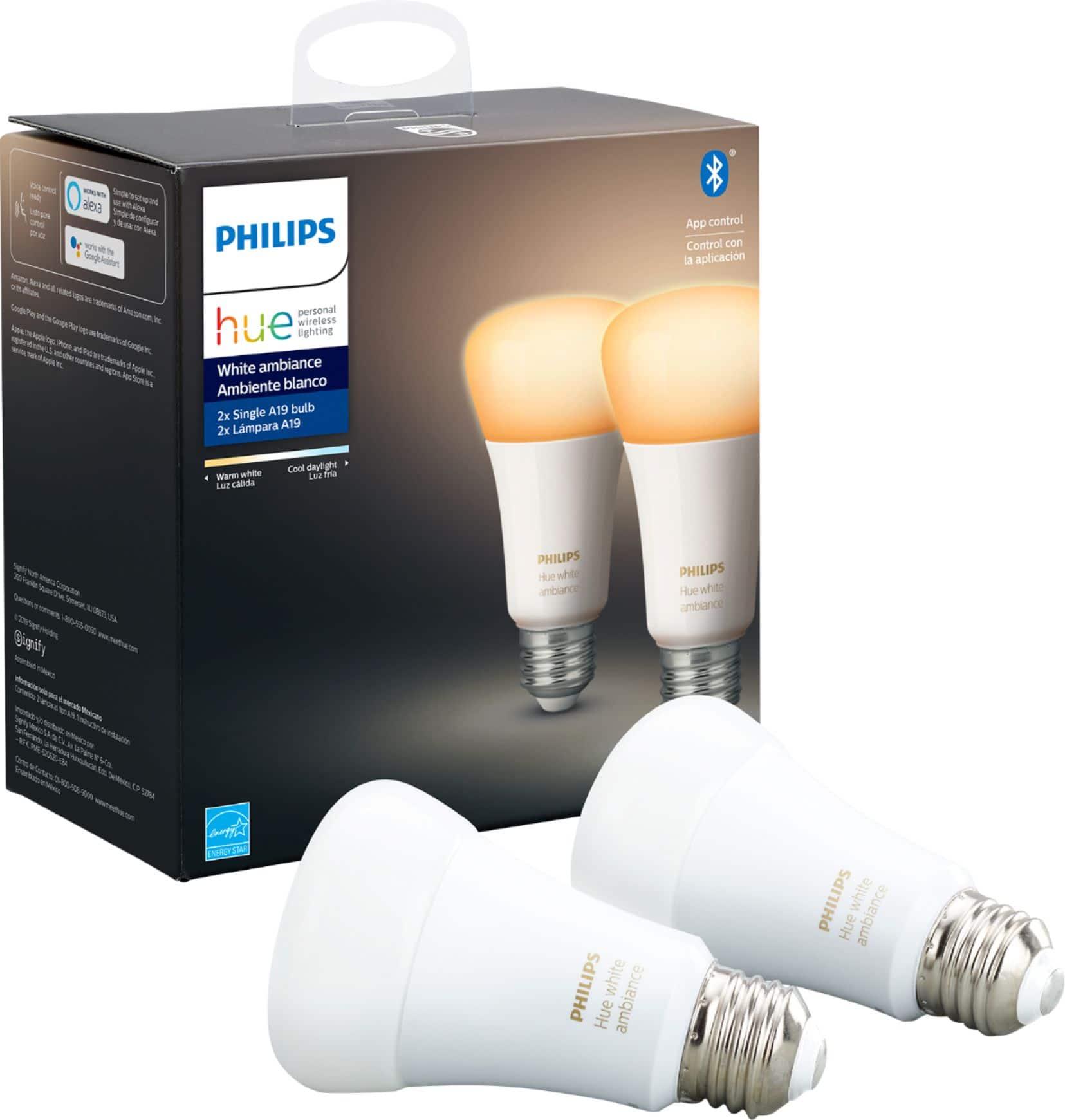 Two Philips Hue White Ambiance A19 smart LED bulbs