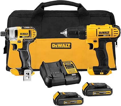 DeWalt drill and impact driver kit with batteries, charger and bag