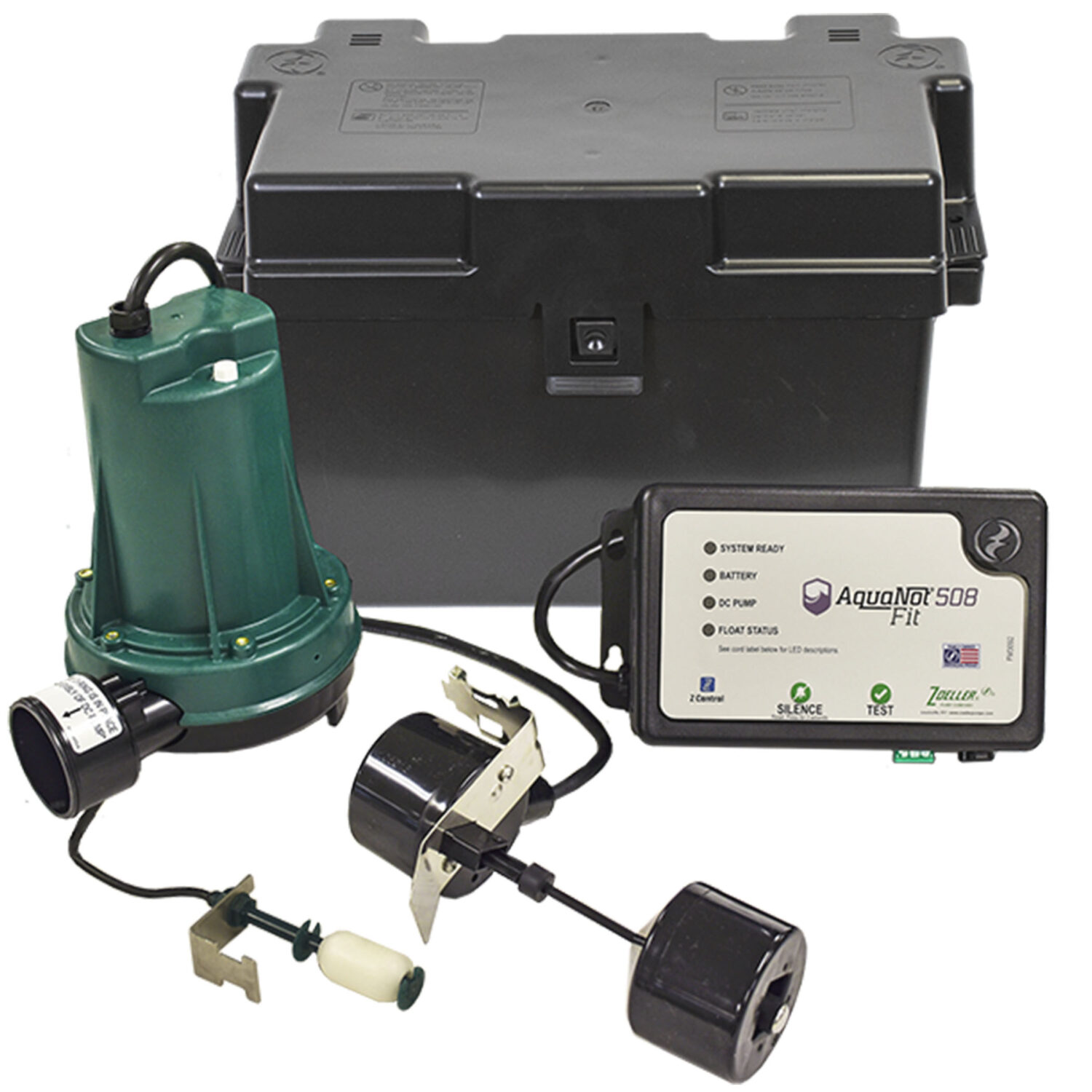 Zoeller Aquanot Fit 508 battery backup sump pump, controller, and battery box