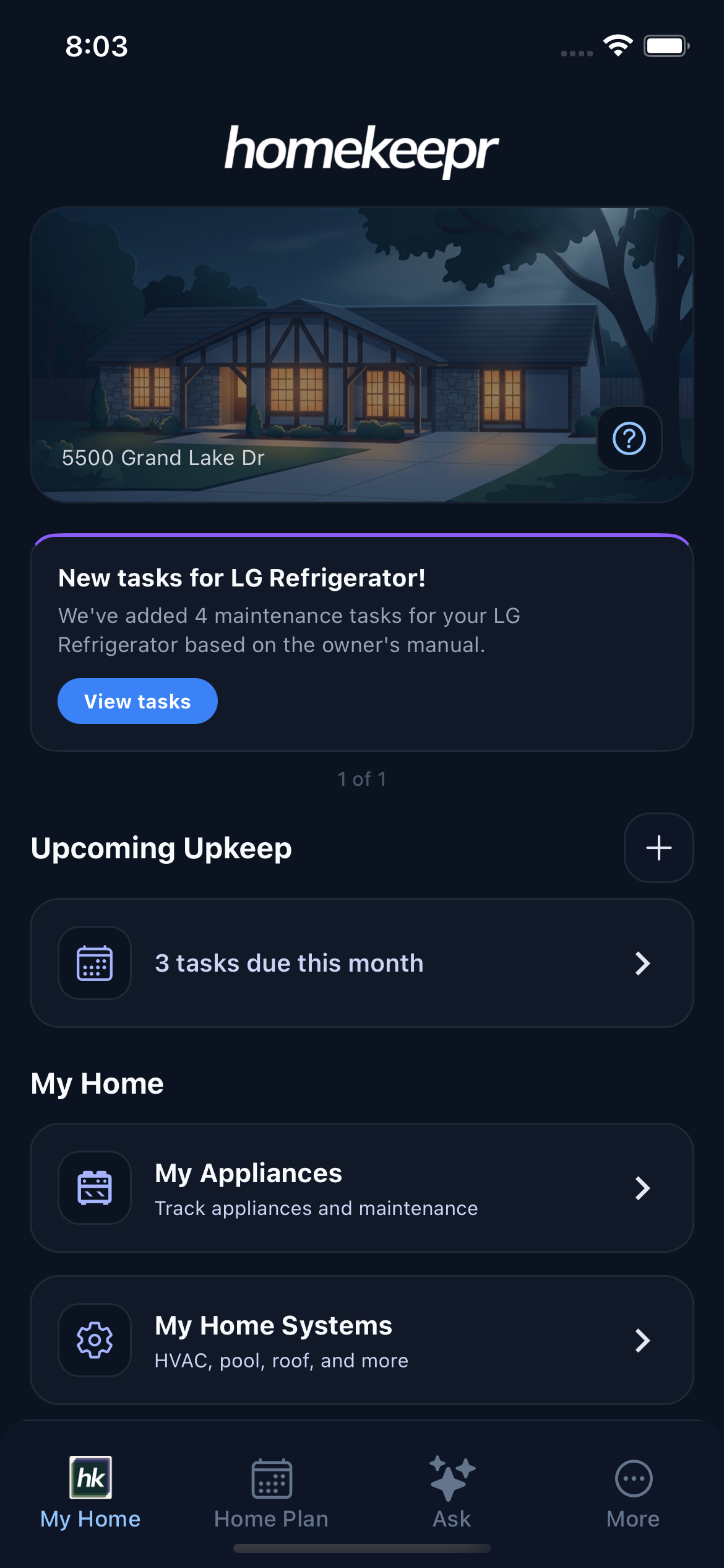 Homekeepr app screen showing home maintenance tasks