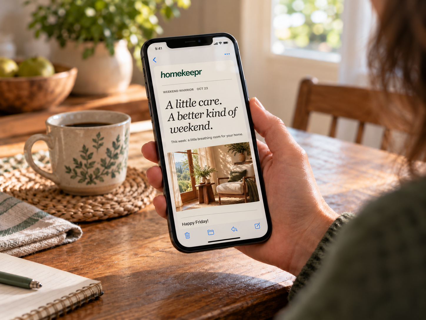 A homeowner reading The Weekend Warrior email on a phone at the kitchen table